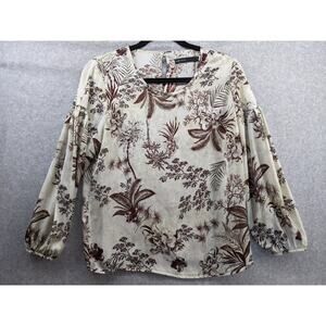 KAREN MILLEN Floral Palms Print Silky Feel Cream Brown Blouse Womens Size Medium